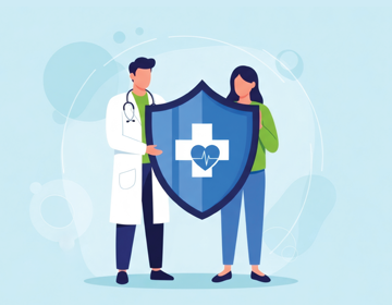 Ilustracja przedstawia lekarza i pacjentkę stojących obok siebie i trzymających dużą tarczę z symbolem krzyża medycznego oraz serca z linią pulsu. Grafika symbolizuje ochronę zdrowia, opiekę medyczną i bezpieczeństwo pacjenta.