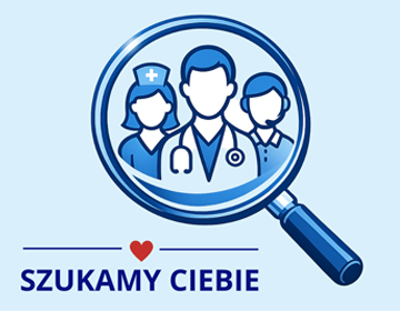 Grafika rekrutacyjna przedstawiająca personel medyczny (lekarza, pielęgniarkę i pracownika medycznego) w lupie, z symbolem serca oraz napisem SZUKAMY CIEBIE.