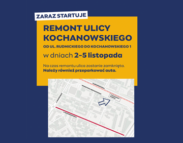 Grafika z informacją o remoncie ulicy Kochanowskiego oraz fragment mapy.