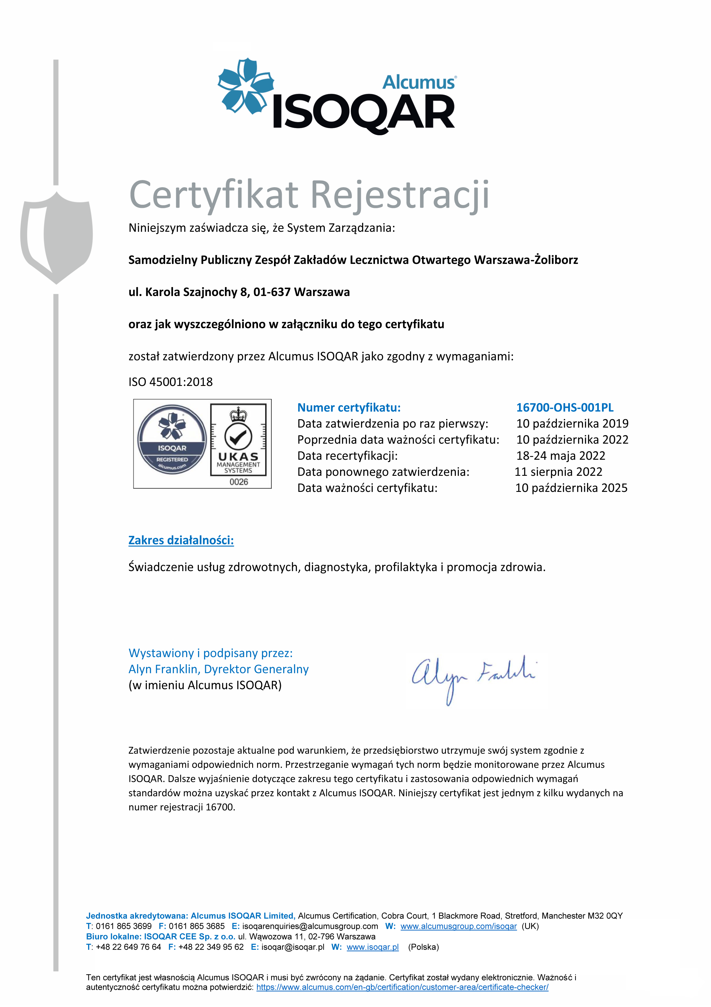 certyfikat, System Zarządzania Bezpieczeństwem i Higieną Pracy z godnie z normą ISO 45001:2018
