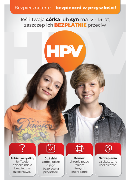 ulotka, dwoje dzieci w wieku 12-13 lat zachęca do szczepień przeciwko HPV
