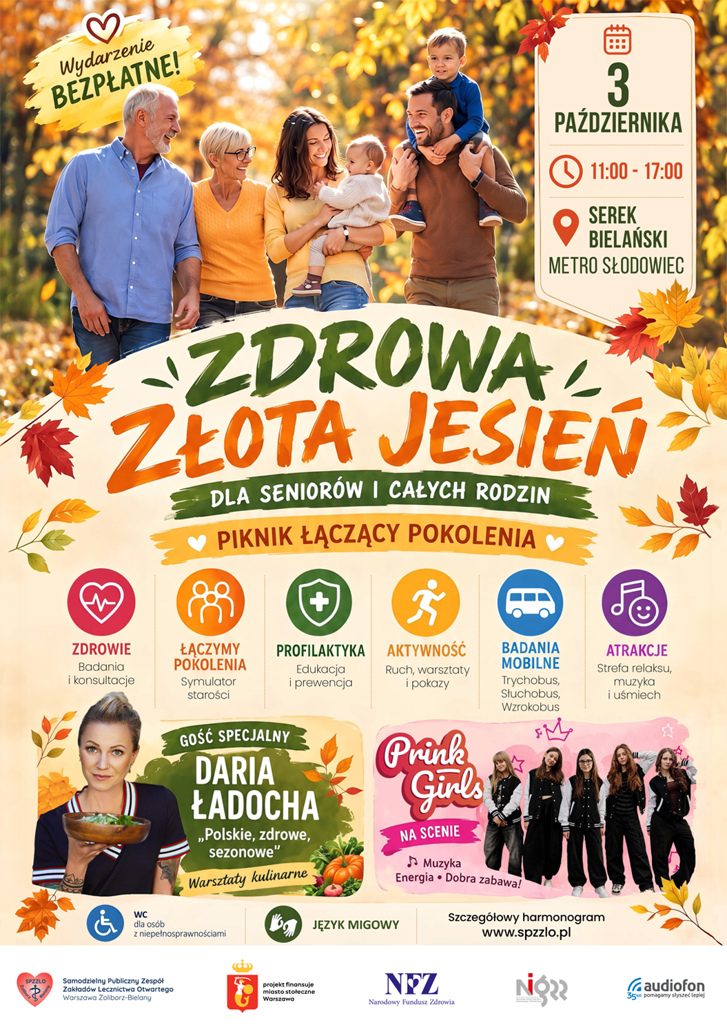 Plakat promujący piknik Zdrowa Złota Jesień – Piknik łączący pokolenia. Na tle jesiennego parku przedstawiono trzy pokolenia rodziny: seniorów, rodziców i dzieci. Centralnie znajduje się kolorowy napis z nazwą wydarzenia.