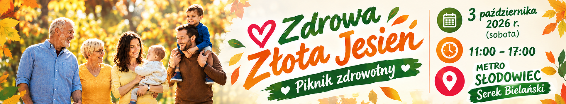 Grafika promująca piknik Zdrowa Złota Jesień – Piknik łączący pokolenia. Na tle jesiennego parku przedstawiono trzy pokolenia rodziny: seniorów, rodziców i dzieci. Centralnie znajduje się kolorowy napis z nazwą wydarzenia.