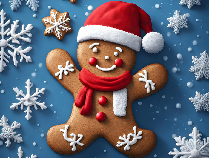 Na pierwszym planie piernik w kształcie Mikołaja z czerwoną czapką.