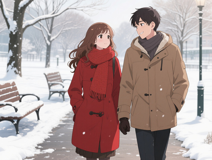 Uśmiechnięci przyjaciele spacerują w parku w zimowej scenerii.