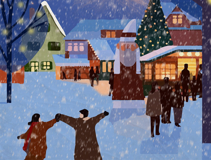 Widoczna alejka i ludzie zmierzają do kościoła na pasterkę.