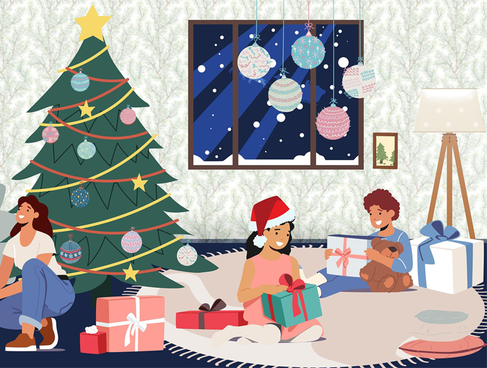 Na pierwszym planie choinka z prezentami. Ludzie się uśmiechają i rozmawiają. Kilka osób rozpakowuje prezenty.