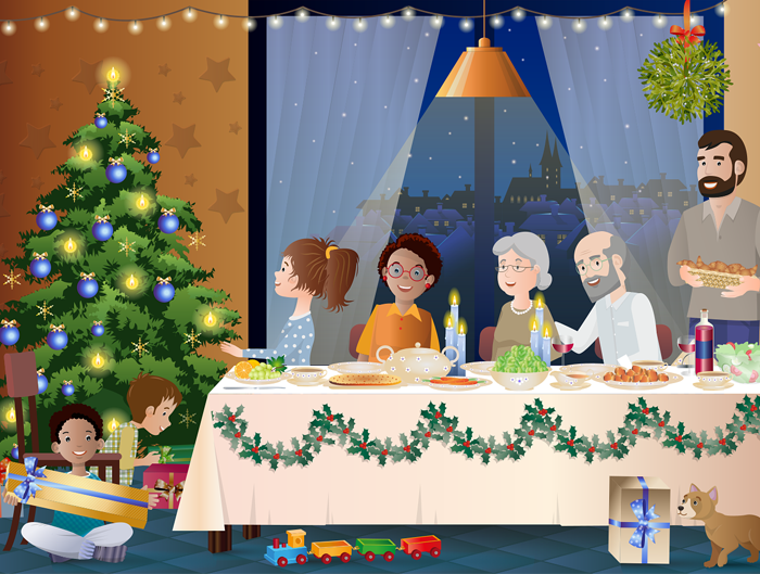 Rodzina siedzi przy stole. Na stole widać świąteczne potrawy. W tle jest choinka z prezentami. Ludzie się uśmiechają i rozmawiają.