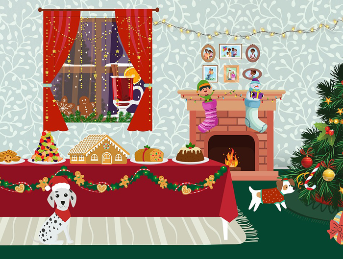 Stół z kilkoma potrawami: barszcz, pierogi, ryba, ciasta. Widoczny porządek i kolorowe dekoracje.