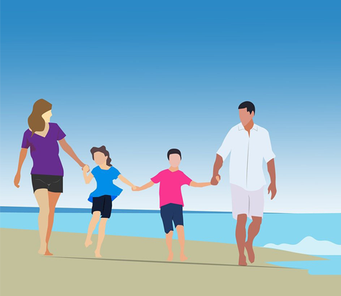 grafika, cała rodzina spaceruje wzdłuż brzegu nad morzem