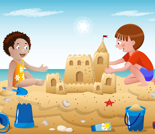 grafika, dzieci odpoczywają na plaży budując zamki z piasku