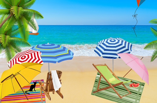 grafika, leżak plażowy, parasol, ręcznik i koc na piaszczystej plaży