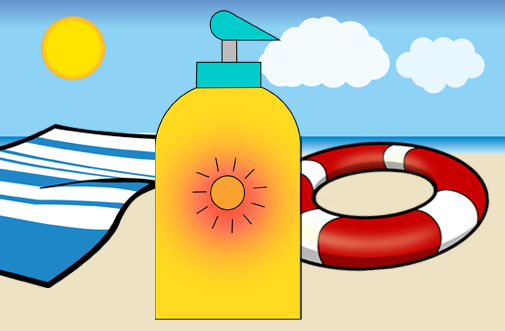 grafika, duży krem przeciwsłoneczny, bojka do pływania na piaszczystej plaży