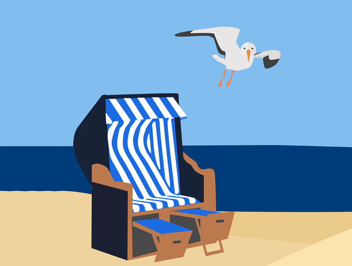 grafika, kosz plażowy nad brzegiem morza i lecąca mewa