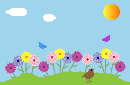 grafika, kolorowe kwiaty, ptaki i motyle na lące