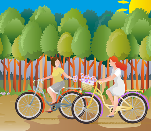 grafika, dwie kobiety jadą na rowerze i są bardzo zadowolone