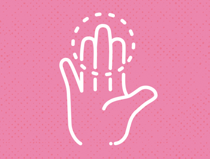 Rysunek dłoni. Dłoń jest otwarta. Widać ruch dłoni. Tło jest różowe.