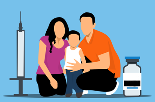 grafika, rodzice z dzieckiem na tle strzykawki i szczepionki