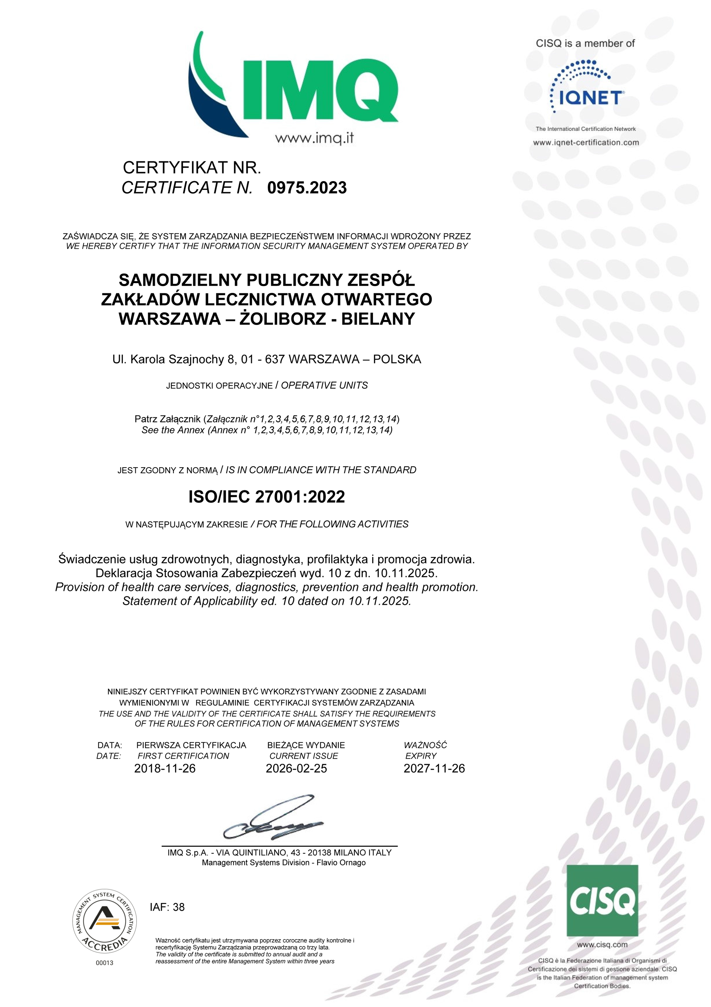 Certyfikat Systemu Zarządzania Bezpieczeństwem Informacji ISO/IEC 27001:2022.