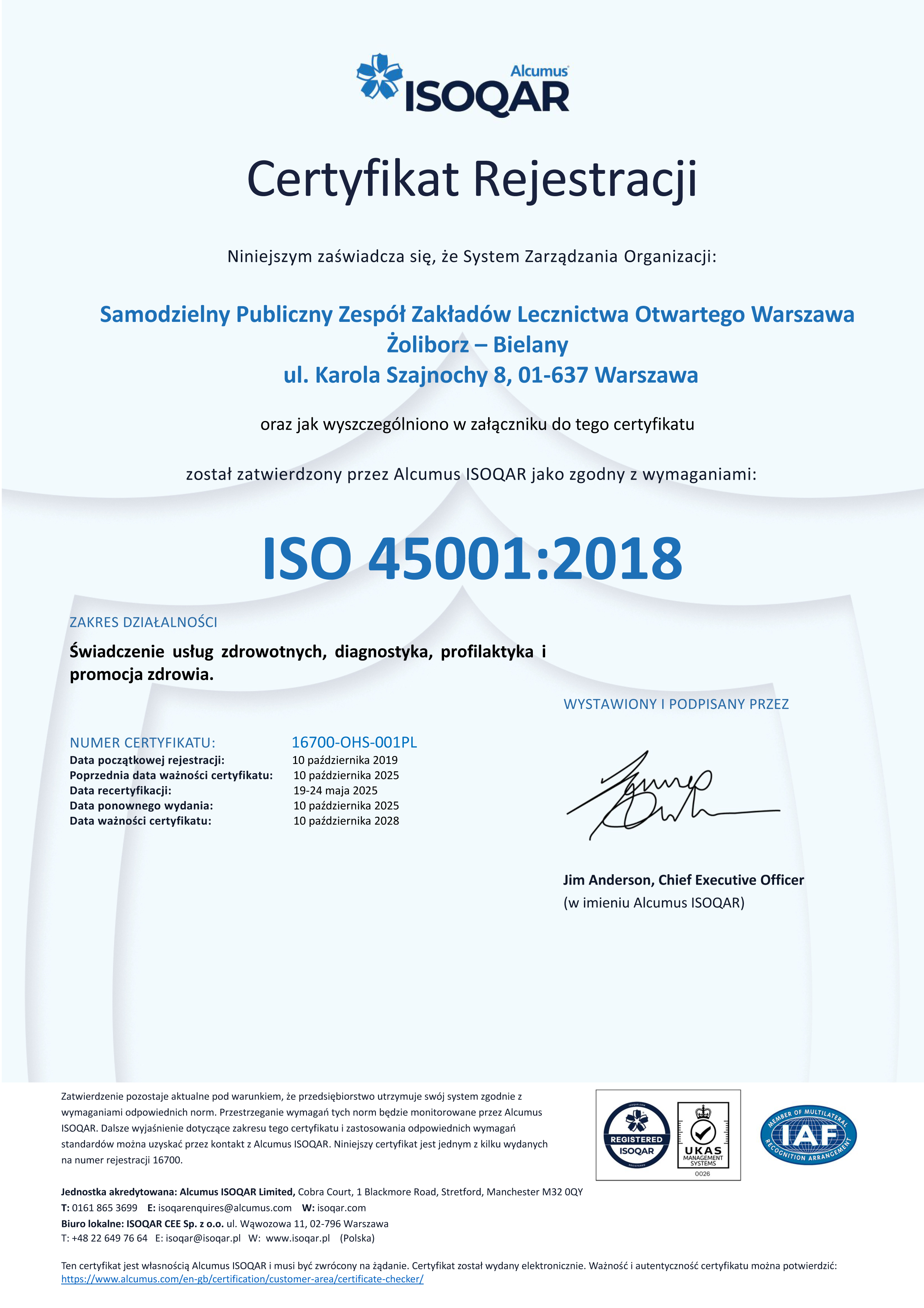 Certyfikat Systemu Zarządzania Bezpieczeństwem i Higieną Pracy ISO 45001:2018.
