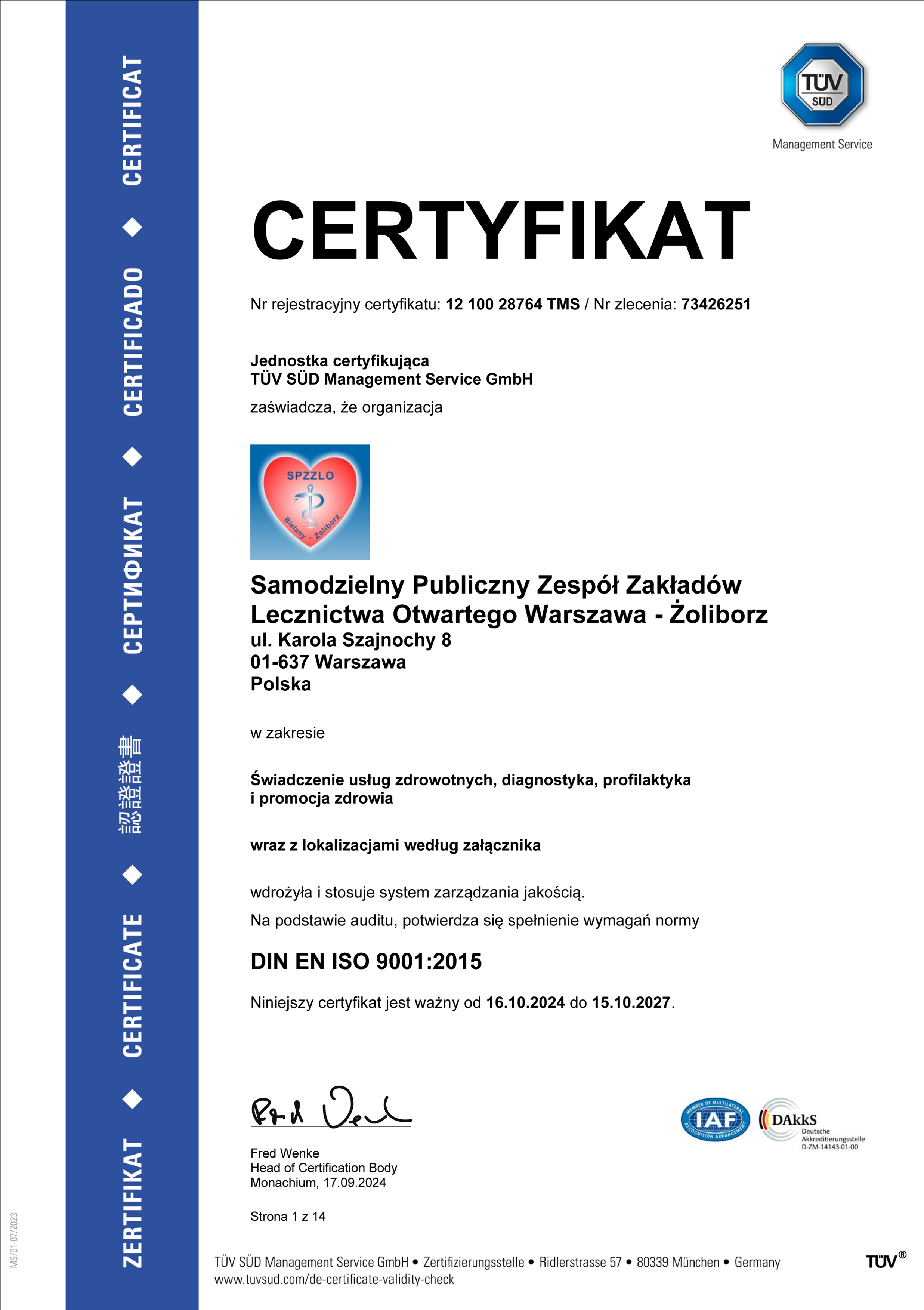 certyfikat Systemu Zarządzania Jakością zgodny z wymaganiami ISO 9001:2015