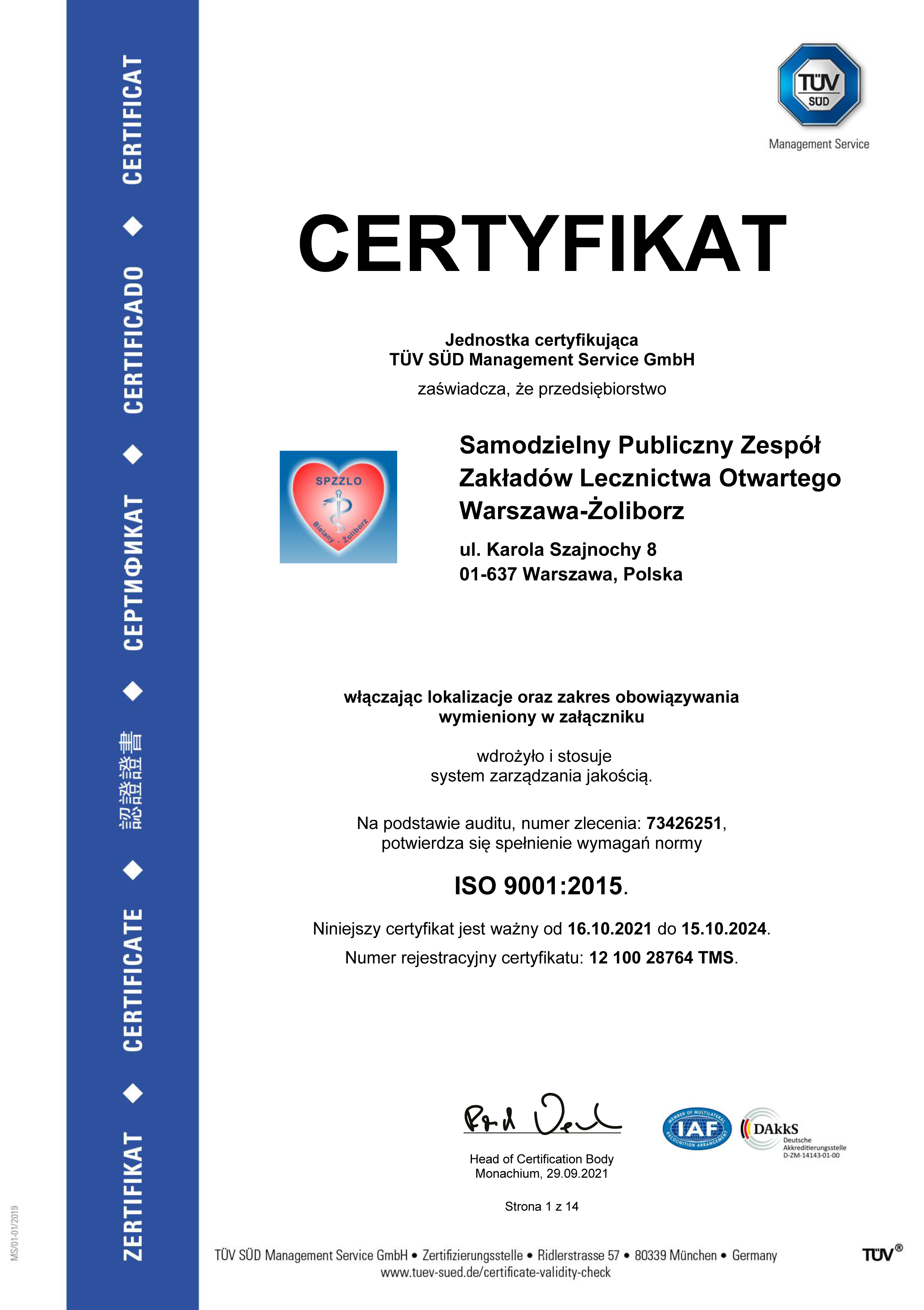 certyfikat Systemu Zarządzania Jakością zgodny z wymaganiami ISO 9001:2015
