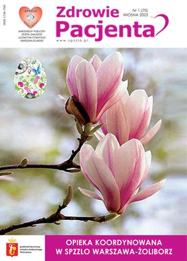 kwartalnik Zdrowie Pacjenta nr 1/2023 wydanie wiosna, na okładce kwiat magnolii z pisanką