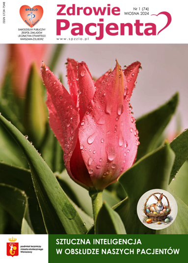 kwartalnik Zdrowie Pacjenta nr 1/2023 wydanie wiosna, na okładce tulipan z kroplami rosy