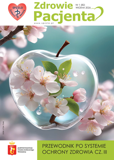 Kwartalnik Zdrowie Pacjenta nr 1/2026 wydanie wiosna, na okładce widoczna jest stylizowana, przezroczysta jabłkowa forma, wewnątrz której znajdują się delikatne gałązki z kwiatami wiśni oraz krople wody. Tło utrzymane w pastelowych, wiosennych barwach z rozmytymi kwiatami. U góry logo SPZZLO Warszawa-Żoliborz oraz tytuł numeru.