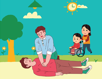 Ilustracja, na zielonej łące z kwiatami mężczyzna udziela pierwszej pomocy i wykonuje uciski klatki piersiowej u osoby leżącej na ziemi, a obok kobieta pcha na wózku dziecko.